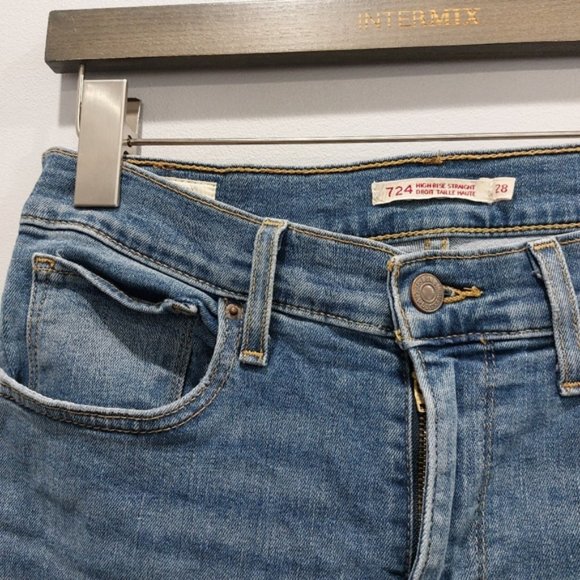 Levi's 724 High Rise Straight Jeans Indigk Pixel Medium Wash Distressed Size 28 - Picture 3 of 8